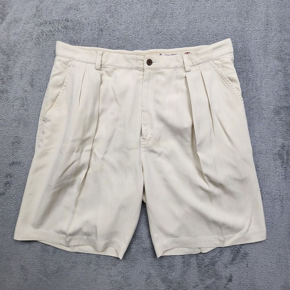 Tommy Bahama Mens 38 Beige Pleated Front Silk Shorts 9 Inseam Dry Clean Only